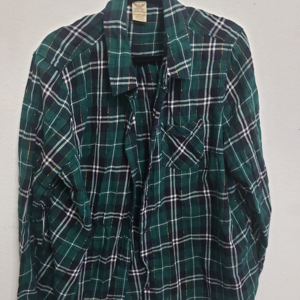 Faded Glory Womens Plaid green and gold button up size 2X